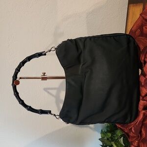 Gucci Bamboo Black Nylon Small Tote with Leather Trim